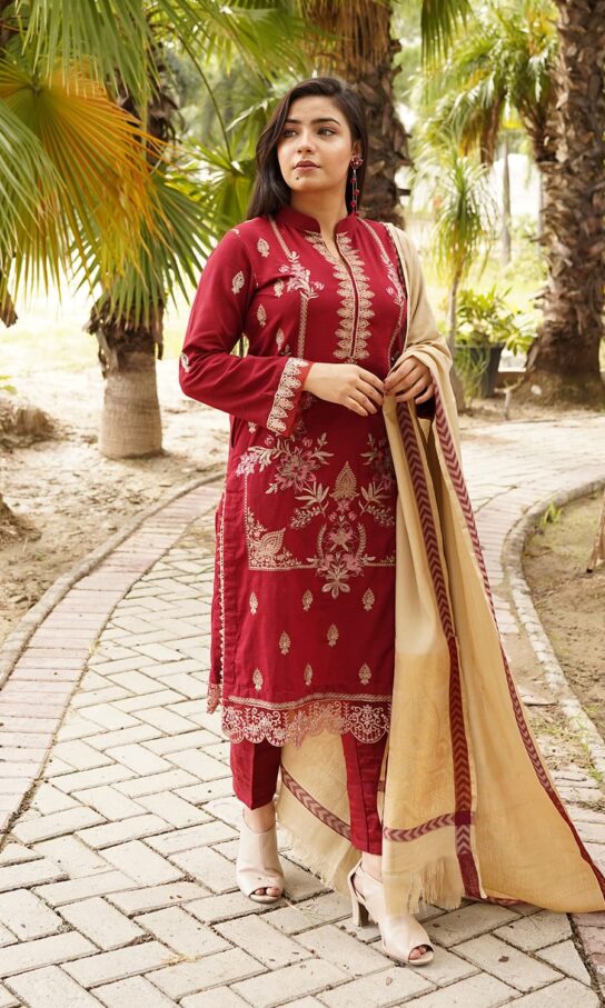 Lavish Red Peppercorn Khaddar Embroidered