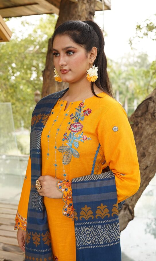 Spoil Yellow Khaddar Embroidered