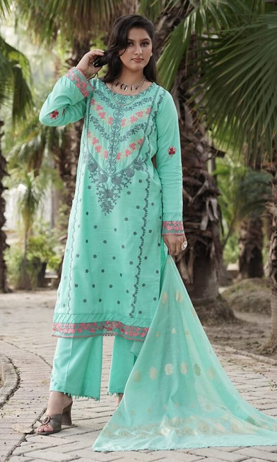 Superior Glacial Green Khaddar Embroidered