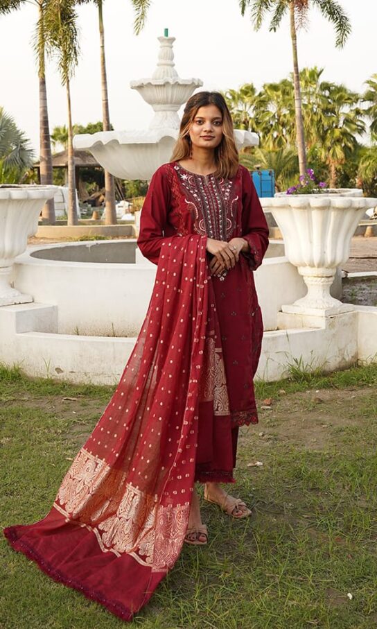 Impressive Mehroon Khaddar Embroidered