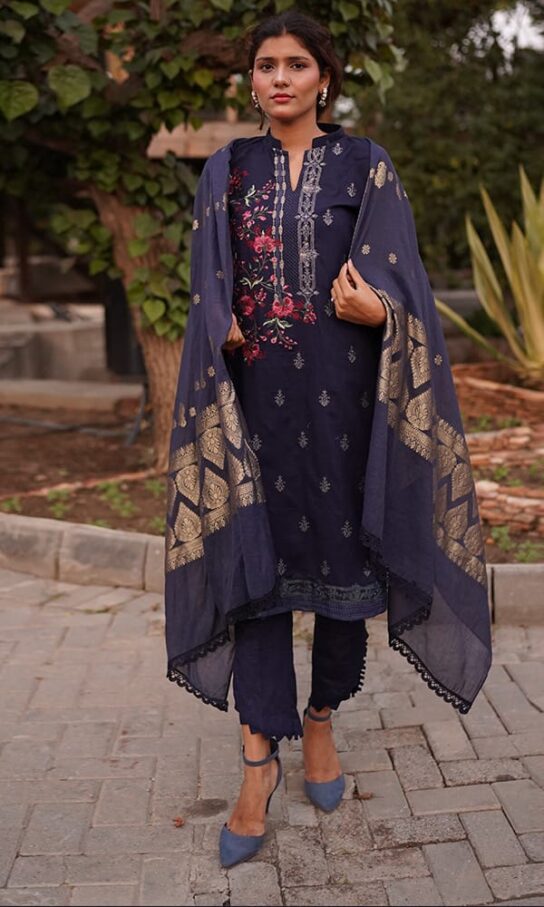 Pretty Violet Blue Khaddar Embroidered